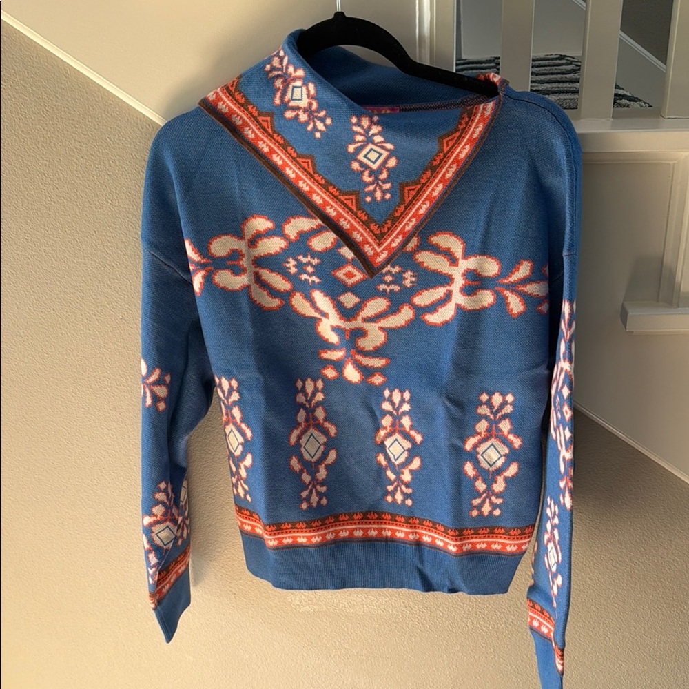 THML Blue V-Neck Sweater with Cream & Orange Pattern